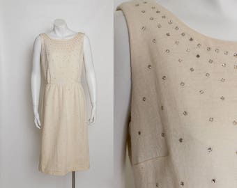 vintage 1950s ivory sheath dress rhinestones Elinor Porter