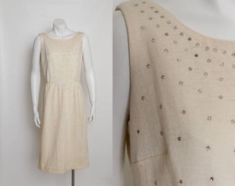 vintage 1950s ivory dress with rhinestones by Elinor Porter | 50s medium sheath dress