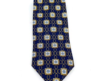 Christian Dior Silk Necktie Mens Navy Blue Gold Floral Chain Link 90s Y2K