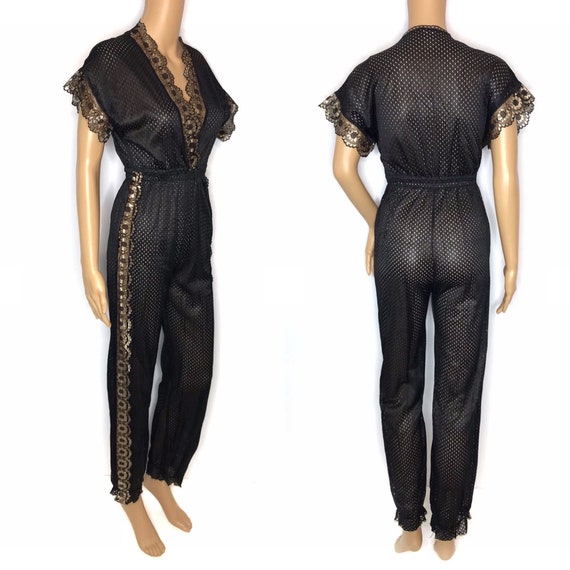 vintage 80s lingerie jumpsuit sheer black gold pe… - image 4