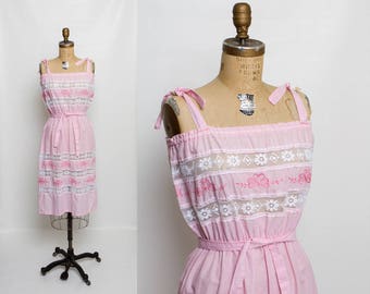 vintage 70s embroidered lace sundress | 1970s pink dress