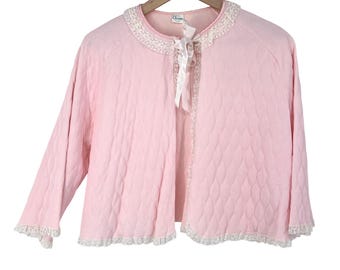 Chaqueta de cama acolchada rosa vintage de los años 60 con ribete de encaje, lencería de Chase, talla grande.