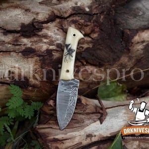 Handmade Damascus Steel Skinner Knife: Bone Handle with Deer Engraving, Leather Sheath