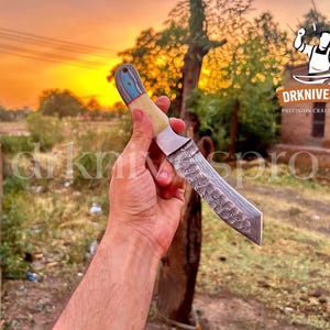 Hand Forged Damascus Steel Tanto Knife: Wood & Bone Handle, Leather Sheath