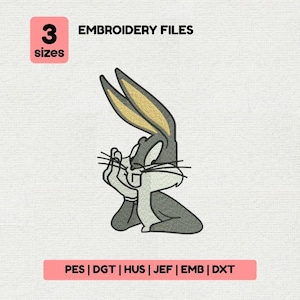 May include: An embroidery file design featuring Bugs Bunny in a thinking pose. The image includes the text "EMBROIDERY FILES" and "3 sizes". The bottom of the image lists embroidery file formats: PES, DGT, HUS, JEF, EMB, and DXT. The design is in shades of gray, white, and yellow.