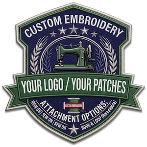 Puede incluir: Un parche bordado en forma de escudo con una máquina de coser verde, espigas de trigo y estrellas. El texto dice: CUSTOM EMBROIDERY, YOUR LOGO / YOUR PATCHES, ATTACHMENT OPTIONS: IRON ON | SEW ON | HOOK & LOOP (Removable). Fondo azul oscuro.