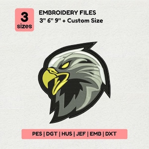Broderidesign med örnhuvudlogotyp, grå maskotlappfil, anpassat sportlagsemblemmönster