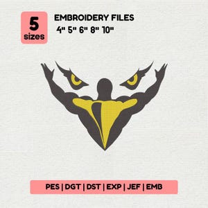 May include: An embroidery file design featuring a stylized eagle with outstretched arms in black and yellow. The design is available in 5 sizes: 4", 5", 6", 8", and 10". The image also includes the text "EMBROIDERY FILES" and file type abbreviations.