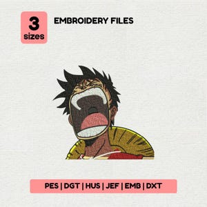 May include: An embroidery file design featuring a cartoon character with a wide open mouth, screaming. The image includes the text "EMBROIDERY FILES" and "3 sizes". The bottom of the image lists embroidery file formats: PES, DGT, HUS, JEF, EMB, and DXT.