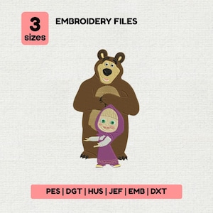 May include: Embroidery files featuring a cartoon bear and a girl in a purple dress. The image includes the text "EMBROIDERY FILES" and "3 sizes". The bottom of the image lists embroidery file formats: PES, DGT, HUS, JEF, EMB, and DXT.