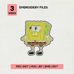 May include: A cartoon image of a yellow sponge character with a red tie and brown pants. The image includes the text "EMBROIDERY FILES" and "3 sizes". Below the character is a pink rectangle with the text "PES | DGT | HUS | JEF | EMB | DXT".