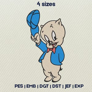 Cute Porky Pig Embroidery Design – Cute Cartoon Character Embroidery File – Kids Machine embroidery pattern, Instant Download – 4 sizes