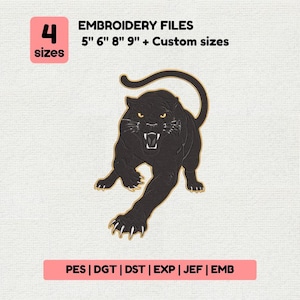 May include: Black panther embroidery design with gold outline, snarling with bared teeth. Includes text: "EMBROIDERY FILES 5" 6" 8" 9" + Custom sizes" and "4 sizes". File formats: PES, DGT, DST, EXP, JEF, EMB.