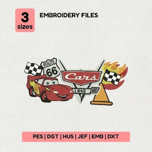 May include: Embroidery files featuring designs from the movie Cars. The image includes the text "Cars", "Route 66", and a race car. The image also includes the text "3 sizes" and "Embroidery Files".