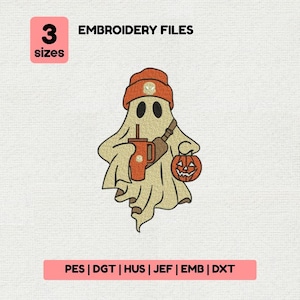May include: An embroidered design featuring a ghost wearing an orange beanie and holding a drink and a jack-o'-lantern. The image includes the text "EMBROIDERY FILES" and "3 sizes". The design is available in PES, DGT, HUS, JEF, EMB, and DXT formats.