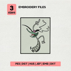 May include: An embroidery file design featuring a cartoon character with a green face, black eye mask, and a striped body. The image includes the text "3 sizes" and "EMBROIDERY FILES". Below the image are file format abbreviations: PES, DGT, HUS, JEF, EMB, and DXT.