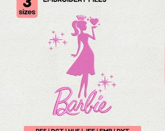 Diseño de bordado para muñeca de moda rosa con corona de princesa y corazón. Descarga instantánea.