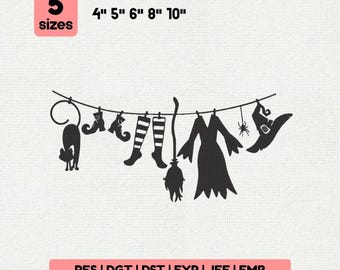Halloween Witch Clothesline Embroidery Design, Cat, Hat, Boots Spooky Machine file, Silhouette pattern File