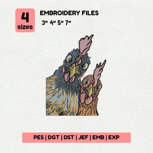 May include: An embroidery file design featuring two cartoon chickens with blue, yellow, and pink details. The image includes text indicating the design is available in four sizes: 3", 4", 5", and 7". The file formats are PES, DGT, DST, JEF, EMB, and EXP.