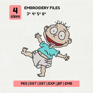 Puede incluir: Un diseño de archivo de bordado con un bebé de dibujos animados con pañales y una camisa turquesa. La imagen incluye el texto "EMBROIDERY FILES" y opciones de tamaño de 7,6 cm, 10,2 cm, 12,7 cm y 15,2 cm. Los formatos de archivo son PES, DGT, DST, EXP, JEF y EMB.