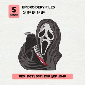 Puede incluir: Un diseño de archivo de bordado que presenta una figura negra y gris con una máscara blanca sosteniendo un cuchillo ensangrentado. El diseño está disponible en 5 tamaños: 7,6 cm, 12,7 cm, 15,2 cm, 20,3 cm y 22,9 cm. También incluye el texto "EMBROIDERY FILES".