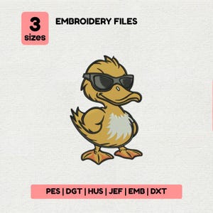May include: A cartoon duck wearing sunglasses, with a white chest and yellow body. The image includes the text "3 sizes" and "EMBROIDERY FILES". Below the duck is a pink rectangle with the text "PES | DGT | HUS | JEF | EMB | DXT".