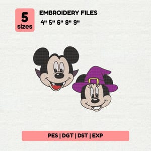 May include: Digital embroidery files featuring two cartoon character faces. One character has a vampire-like appearance, and the other wears a purple witch hat. The image includes text indicating 5 sizes: 4", 5", 6", 8", and 9".