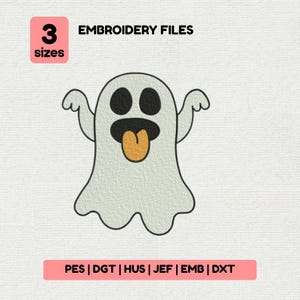 May include: An embroidery file design featuring a light gray ghost with black oval eyes, a black mouth, and a protruding gold tongue. The text 3 sizes appears in a pink box, and the text PES | DGT | HUS | JEF | EMB | DXT appears below.