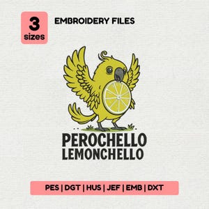 Disegno di ricamo stravagante di pappagallo limone - Motivo di ricamo a macchina con uccello tropicale - Toppa Perochello Lemonchello