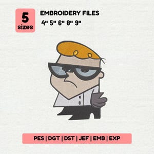 May include: Digital embroidery file featuring a cartoon character with orange hair, glasses, and a lab coat. The design includes the text "EMBROIDERY FILES" and size options: 4", 5", 6", 8", and 9". File formats include PES, DGT, DST, JEF, EMB, and EXP.