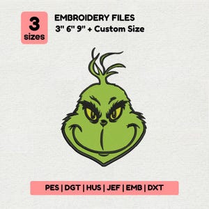 May include: A green cartoon face with a wide smile and yellow eyes. The image includes the text "EMBROIDERY FILES" and size options of 3", 6", 9" and custom sizes. The image also includes the text "3 sizes".