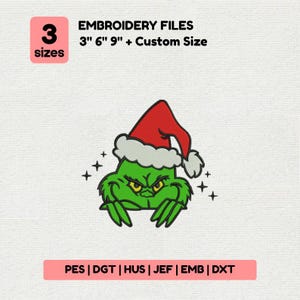 May include: Green cartoon character wearing a red Santa hat, with the text "EMBROIDERY FILES" and "3 sizes". Includes sizes 3", 6", 9" and custom size. The bottom of the image shows embroidery file formats.