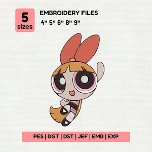 Puede incluir: Un diseño de archivo de bordado con un personaje de dibujos animados con ojos grandes, que lleva un atuendo rosa y negro y un lazo rojo. El diseño está disponible en 5 tamaños: 10 cm, 13 cm, 15 cm, 20 cm y 23 cm. La imagen también incluye el texto "EMBROIDERY FILES".