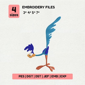 Peut inclure: Un motif de broderie représentant un roadrunner de dessin animé bleu, avec un bec jaune et des pieds bruns. Disponible en 4 tailles : 7,6 cm, 10,2 cm, 12,7 cm et 17,8 cm. L'image comprend le texte "EMBROIDERY FILES" et les options de format de fichier.
