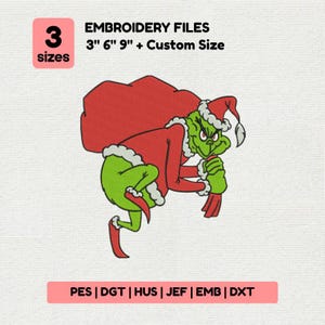 May include: An embroidery file design of a green character in a red Santa suit carrying a sack. The design is available in 3 sizes: 7.6cm, 15.2cm, 22.8cm and custom sizes. The file formats include PES, DGT, HUS, JEF, EMB, and DXT.