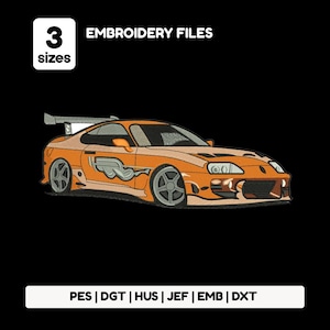 May include: An embroidery design file of an orange sports car with a rear spoiler and side graphics. The text 3 sizes and EMBROIDERY FILES appears at the top, with file formats PES, DGT, HUS, JEF, EMB, and DXT listed at the bottom on a black background.