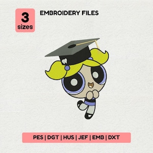 May include: A cartoon character wearing a graduation cap, with the text "EMBROIDERY FILES" and "3 sizes". Below, the text "PES | DGT | HUS | JEF | EMB | DXT" is displayed on a pink banner. The character has blonde pigtails and large eyes.