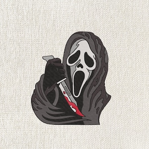 May include: A graphic illustration of the Ghostface mask from the Scream horror film franchise. The character is depicted in a black hooded robe, holding a bloody knife. The mask is white with black eye sockets and a wide open mouth.