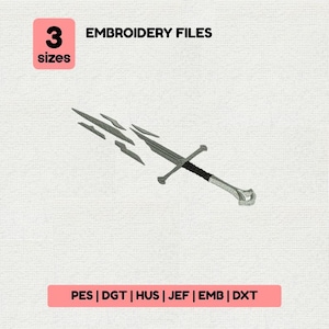 Könnte beinhalten: Ein Stickdateidesign mit einem stilisierten Schwert mit schwarzem Griff und silberner Klinge. Das Bild enthält den Text "3 Größen" und "STICKDATEIEN". Der untere Teil des Bildes listet Stickdateiformate auf.