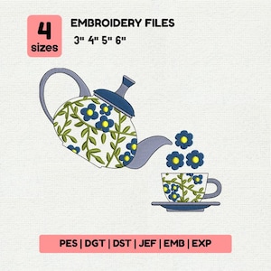 Puede incluir: Un diseño de bordado que presenta una tetera vertiendo flores en una taza de té. La tetera y la taza están decoradas con flores azules y hojas verdes. El diseño está disponible en 4 tamaños: 7.6 cm, 10.2 cm, 12.7 cm y 15.2 cm. Incluye el texto "EMBROIDERY FILES".