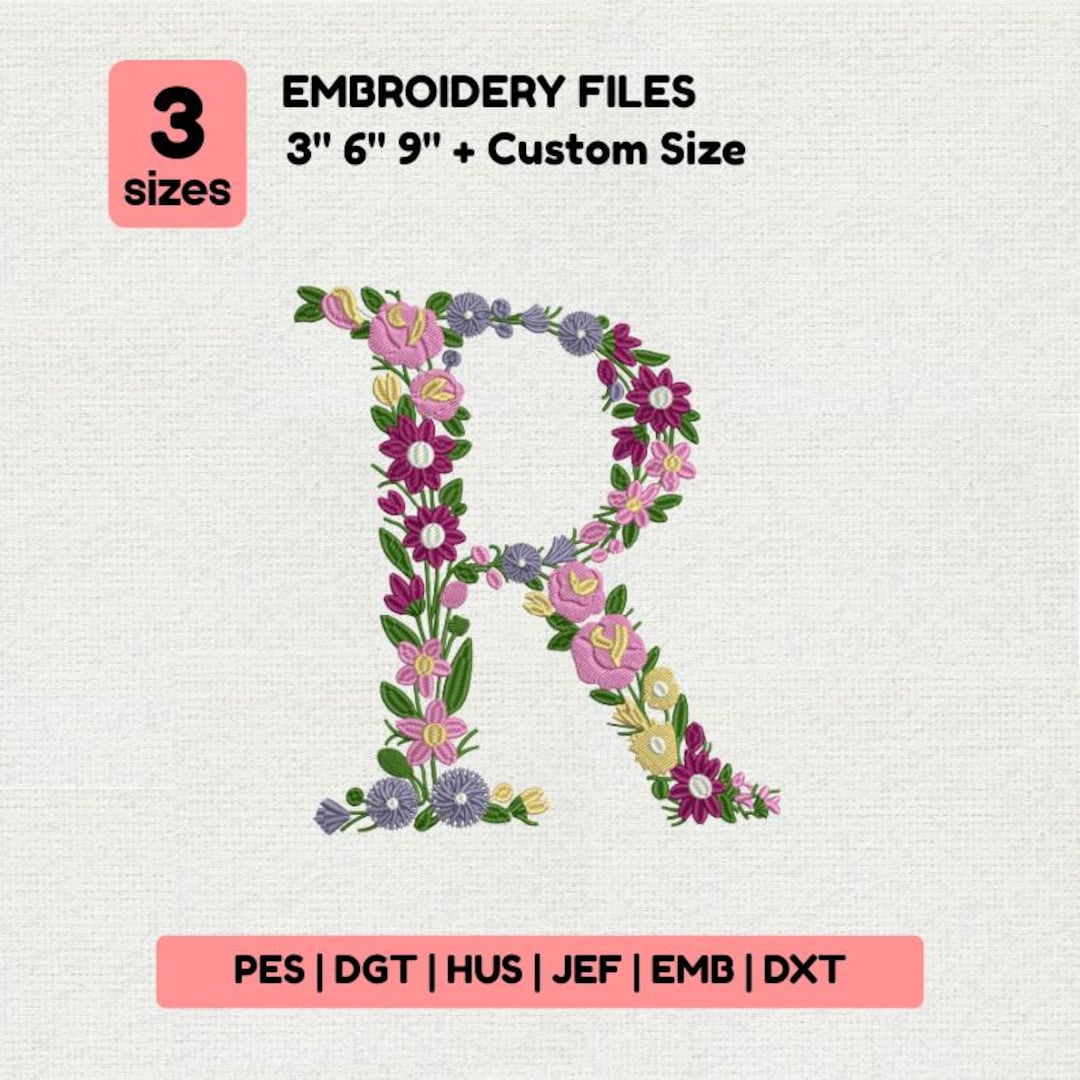 Floral Monogram R Embroidery Design, Elegant Flower Letter Embroidery ...