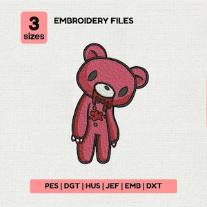 May include: A red cartoon bear embroidery file with a bloody mouth and chest. The image includes the text "EMBROIDERY FILES" and "3 sizes". Below the bear are the file types: PES, DGT, HUS, JEF, EMB, and DXT.