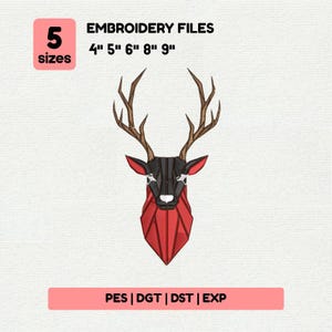 Puede incluir: Un diseño de archivo de bordado digital con una cabeza de ciervo geométrica en rojo, negro y marrón. El diseño está disponible en 5 tamaños: 10,16 cm, 12,7 cm, 15,24 cm, 20,32 cm y 22,86 cm. La imagen incluye el texto "EMBROIDERY FILES".