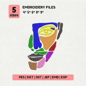 May include: Abstract face embroidery design in various colors, including blue, orange, and green. The design is available in 5 sizes: 4", 5", 6", 8", and 9". The image also includes the text "EMBROIDERY FILES" and file format options.