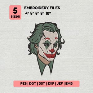 Pode incluir: Um desenho bordado de um personagem com cabelo verde, rosto branco, nariz e boca vermelhos. O desenho está disponível em 5 tamanhos: 10 cm, 13 cm, 15 cm, 20 cm e 25 cm. O texto "EMBROIDERY FILES" está acima dos tamanhos. Disponível em PES, DGT, DST, EXP, JEF e EMB.