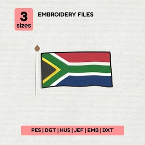 Peut inclure: Un motif de fichier de broderie représentant le drapeau sud-africain. L'image comprend le texte "3 tailles" et "FICHIERS DE BRODERIE". Le bas de l'image affiche les formats de fichiers : PES, DGT, HUS, JEF, EMB et DXT. Le drapeau est rouge, vert, bleu, jaune et noir.