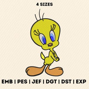Lindo diseño de bordado de pájaro amarillo - Archivo de máquina de Tweety Bird - Bordado de dibujos animados de Looney Tunes, 4 tamaños, Pes, Emb, Dst, Jef, exp