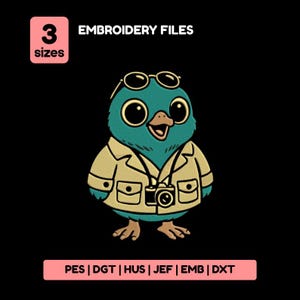 May include: A teal bird character wearing a tan jacket and sunglasses, with a camera around its neck. The image includes the text "3 sizes" and "EMBROIDERY FILES" with file type abbreviations. The design is set against a black background.