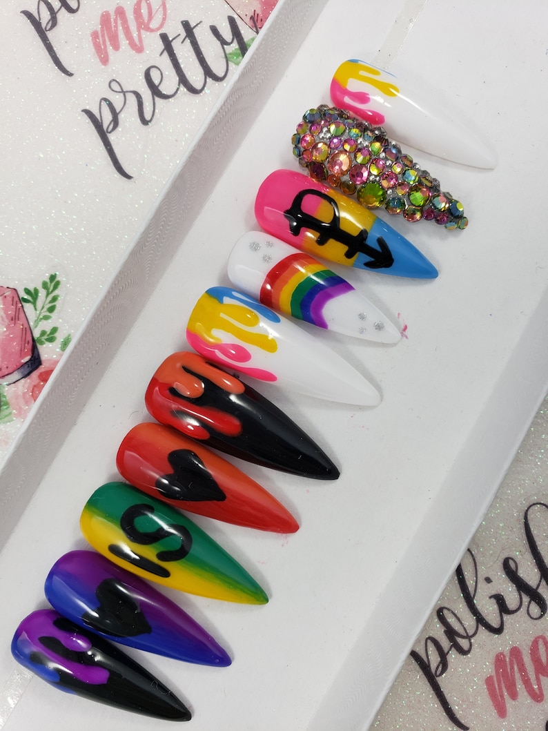 PRIDE Rainbow Nails Pansexual Symbol Drip Nails Rhinestone | Etsy