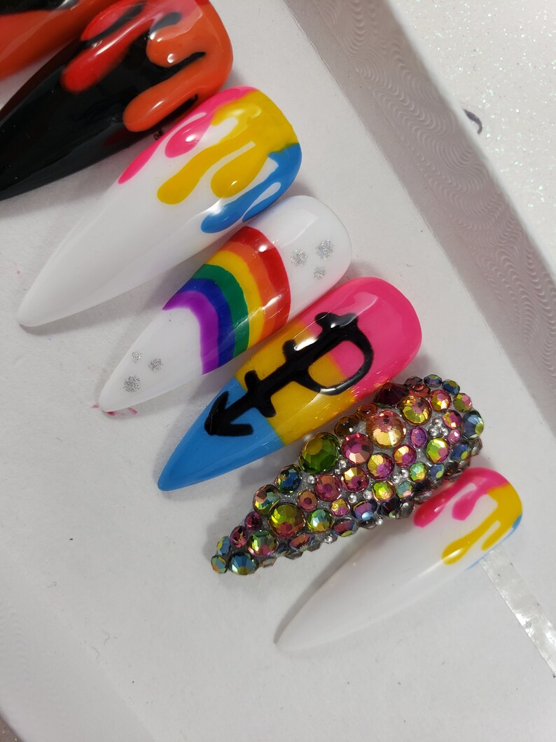 PRIDE Rainbow Nails Pansexual Symbol Drip Nails Rhinestone | Etsy